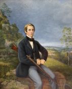 Anne MJ Dodsley (British exh.1872): Portrait of a Victorian Gentleman Seated Outside with Rifle