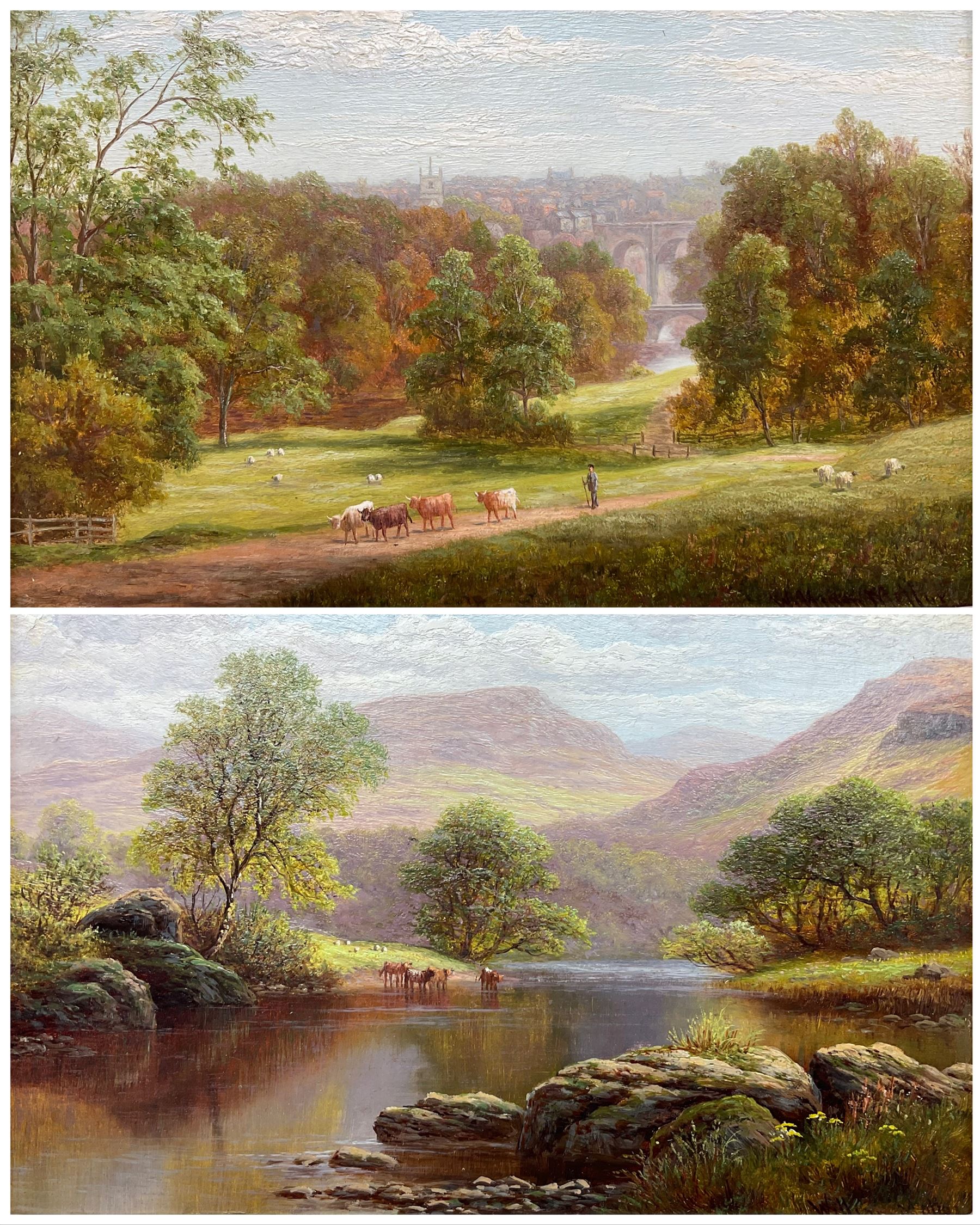 William Mellor (British 1851-1931): Knaresborough from Bilton Fields and Cows Watering on the Conwy