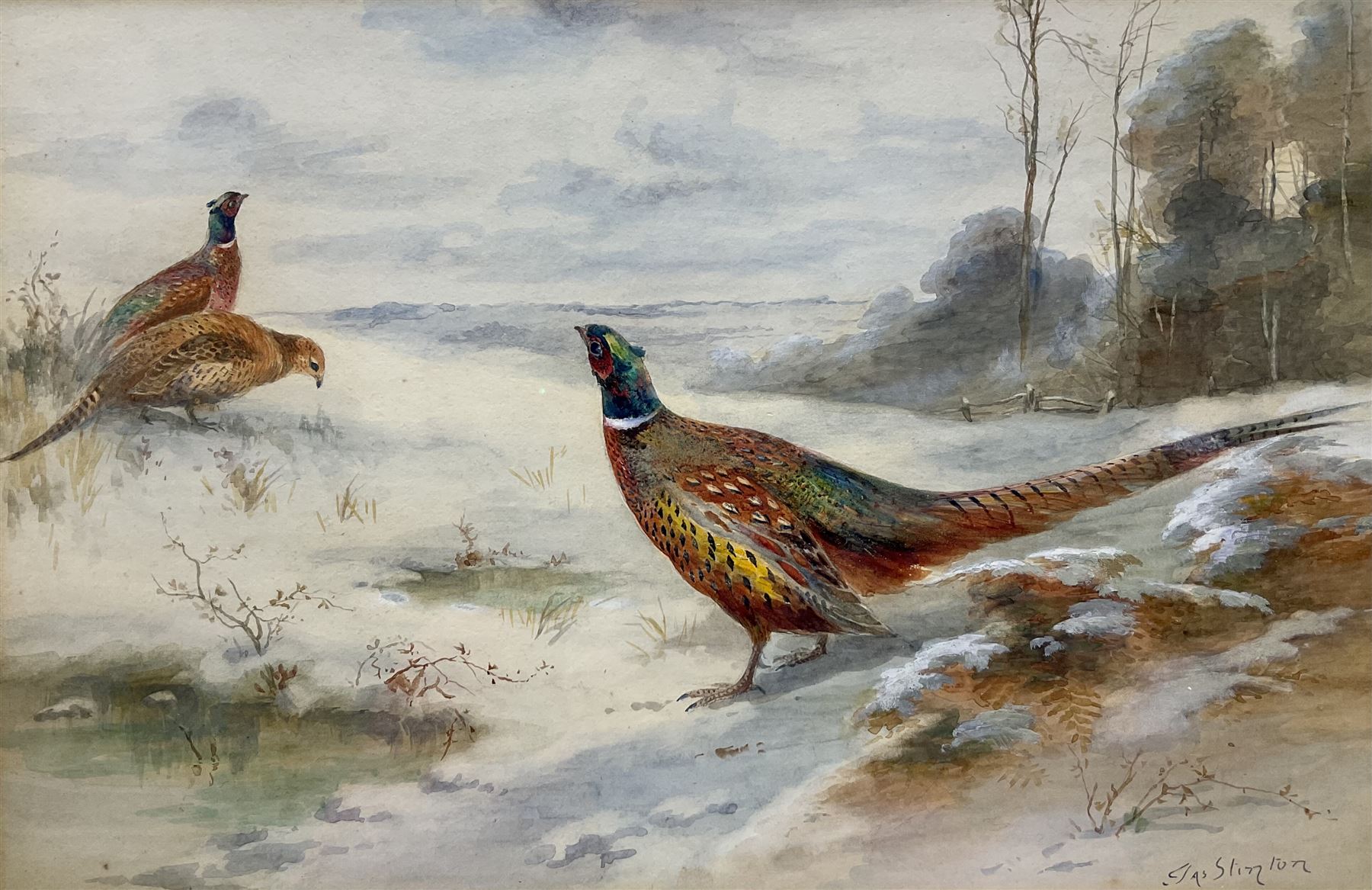James Stinton (British 1870-1961): Pheasants in a Winter Landscape