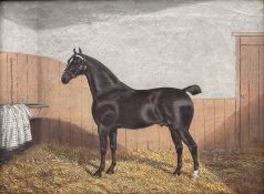 Albert Clark Snr (British 1821-1909): Portrait of a Bay Horse in Stable with J R initialled on rug