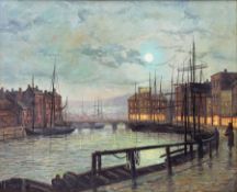 Circle of Walter Linsley Meegan (British c1860-1944): Whitby Harbour at Moonlight
