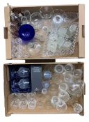 Two boxes of glassware to include decanters