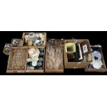 Quantity of china and glassware including Denby together with quantity of prints in six boxes; Steph
