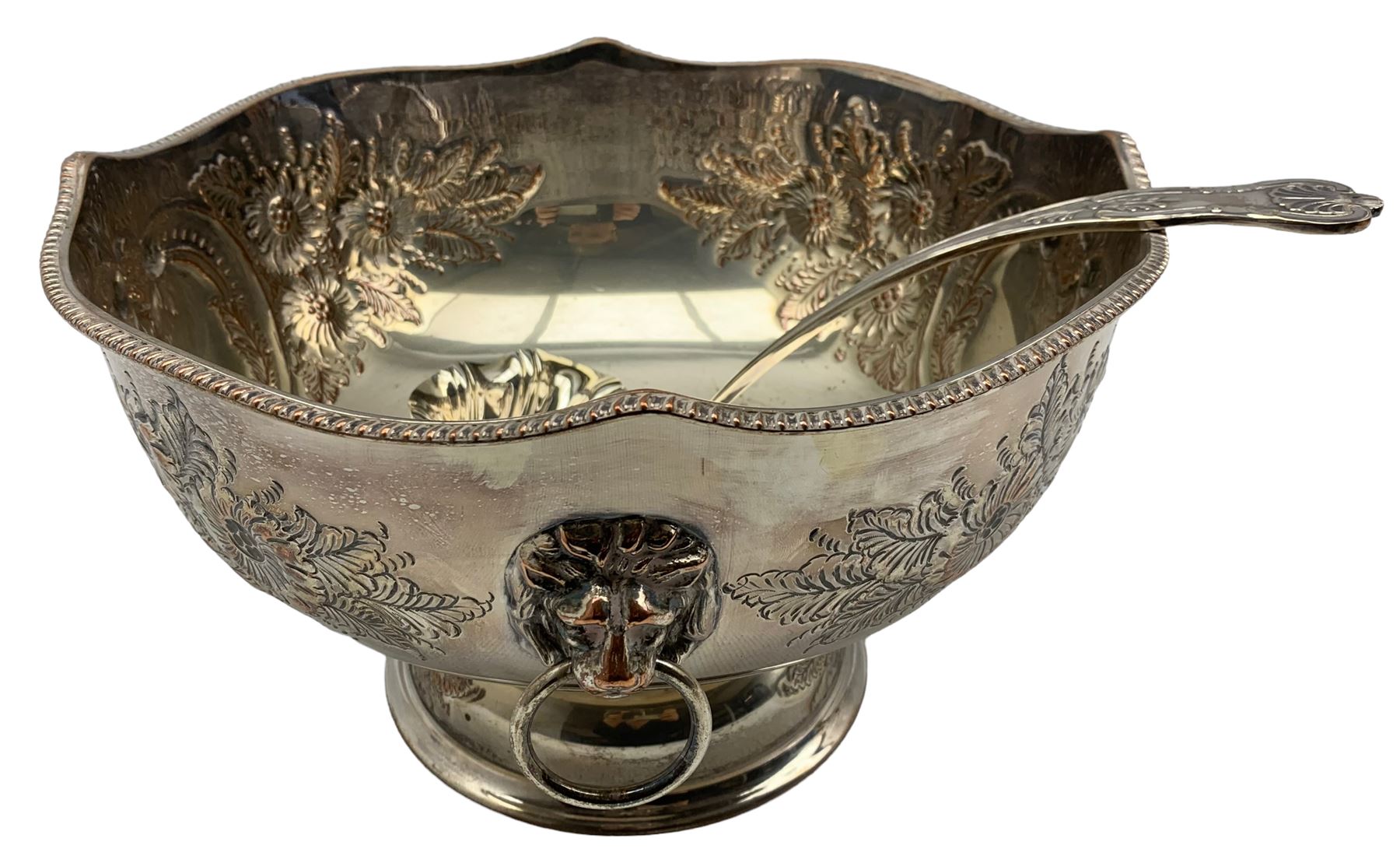 Embossed plated punch bowl with lion mask ring handles D32cm and a ladle