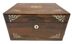 Ladies Victorian rosewood travelling toilet box with mother of pearl inlay W28cm