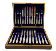 Mother of pearl handled silver plate fruit knives and forks in oak case with blue velvet lining W32c