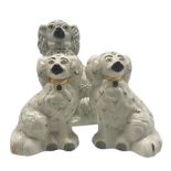 Staffordshire pottery spaniel with chain and gilding together with pair of Staffordshire style Beswi