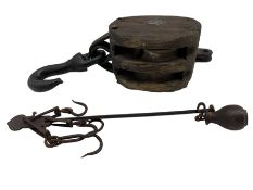 Oak ships pulley block of nice patina together with iron butchers steelyard max 41cm