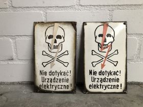 A set of 2 Polish Electricity Warning Enamel Signs 
