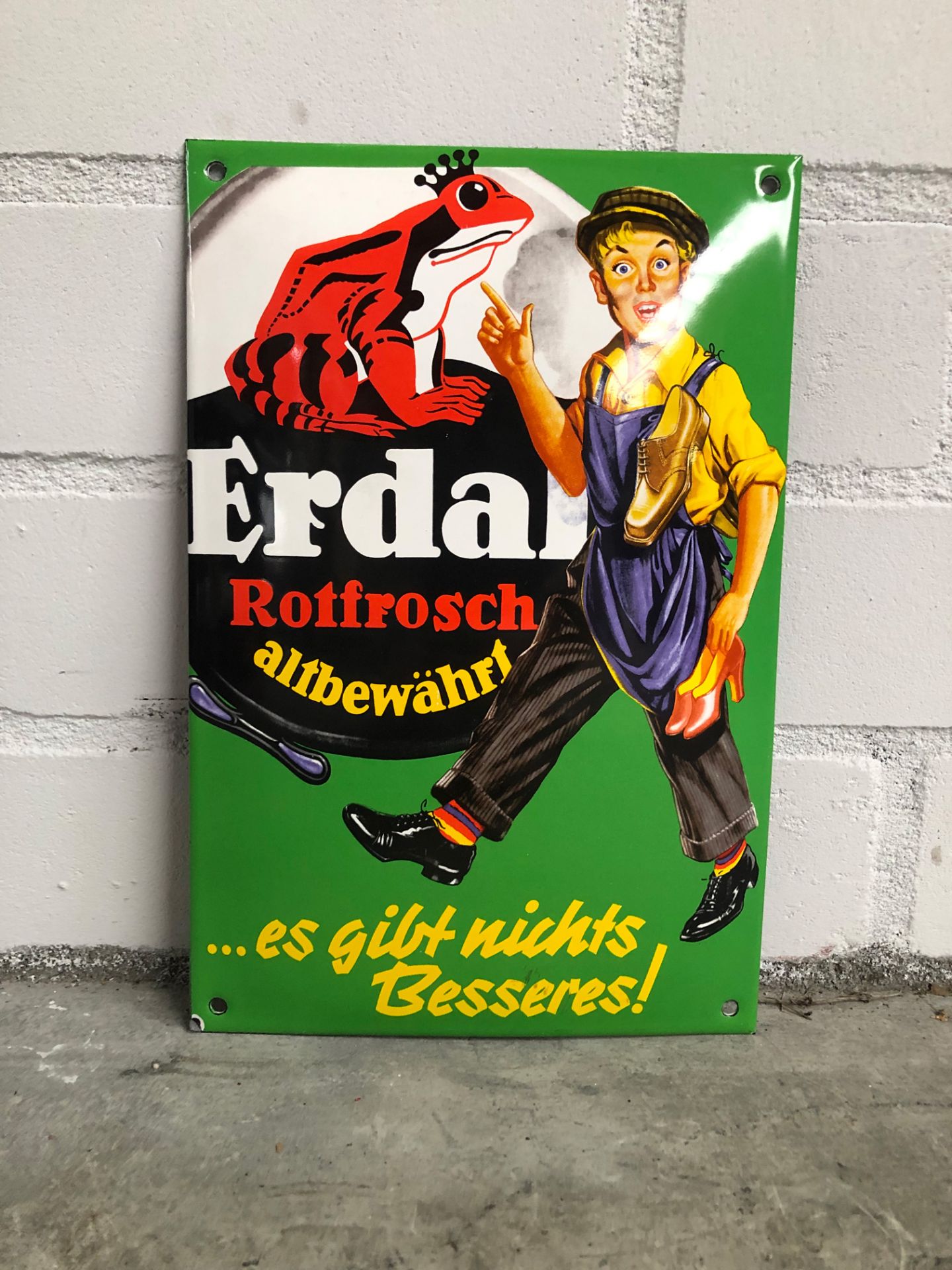 German Enamel Sign Erdal Rotfrosch Shoe Polish