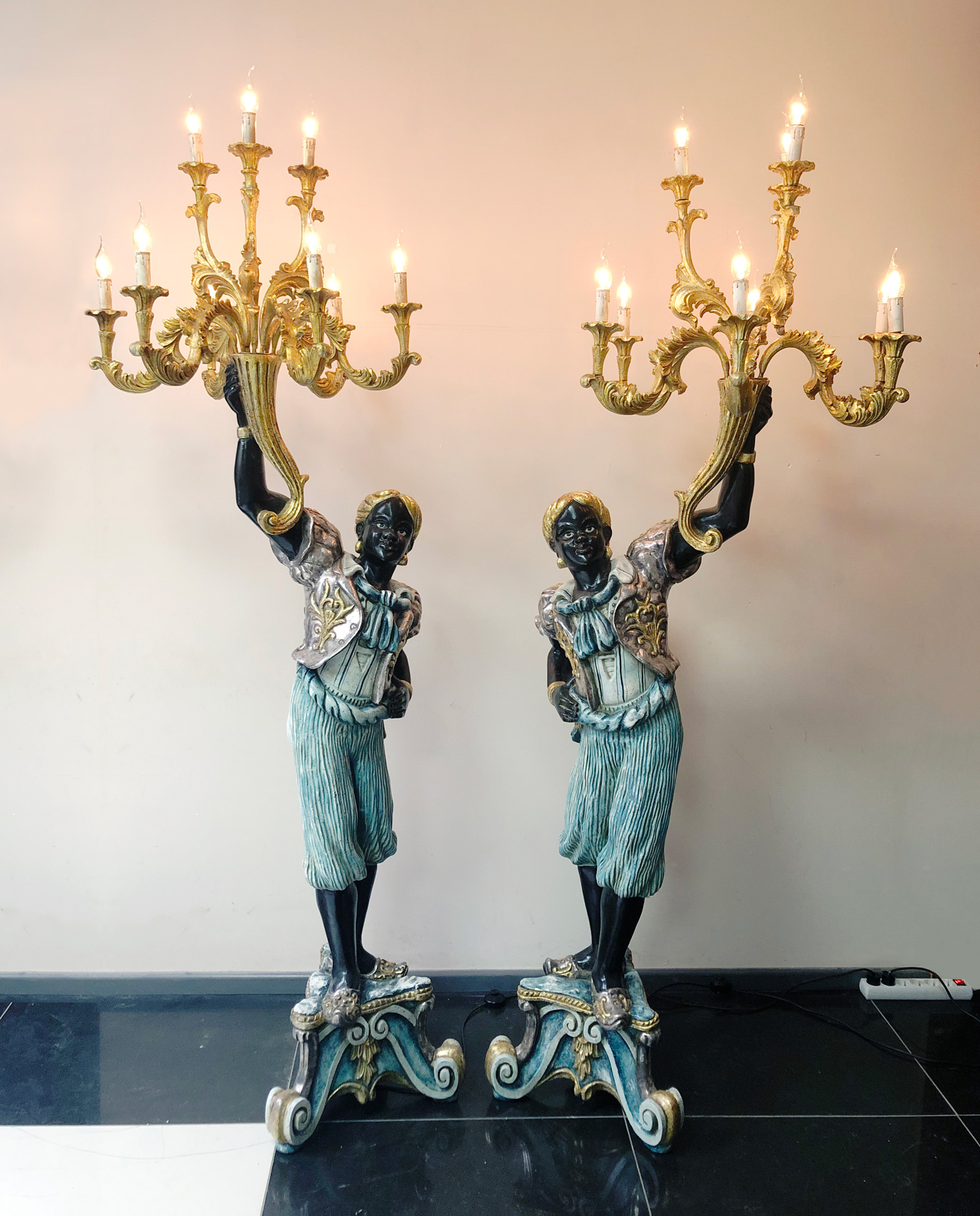 Set of 2 Wooden Black Servant Statues - Floor Lamps