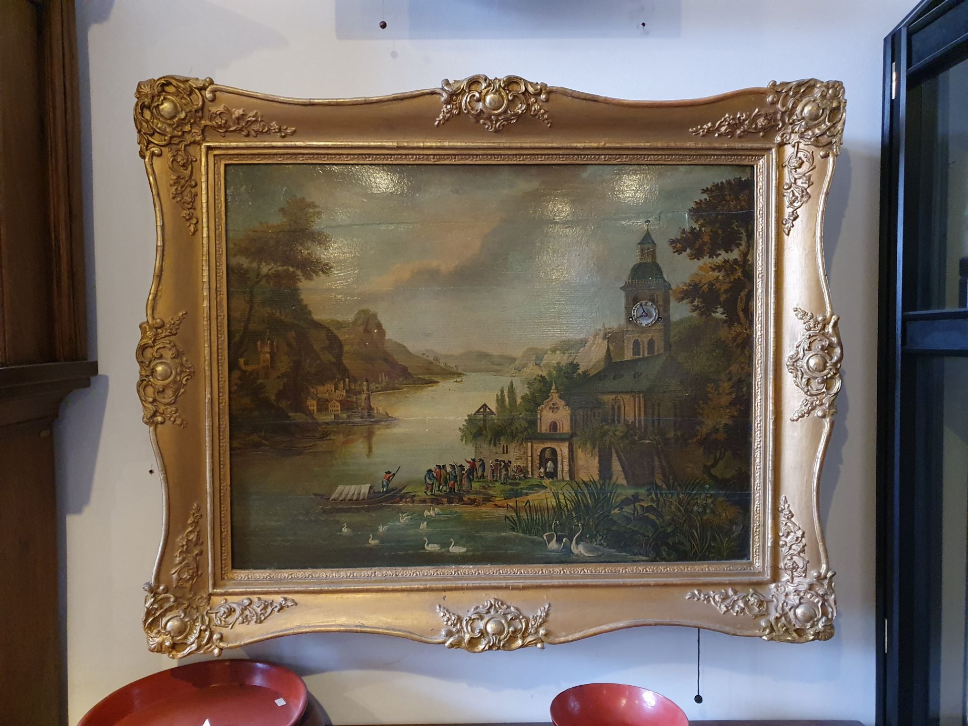 Beautiful French Painting with Clock & Music Box ca. 1870