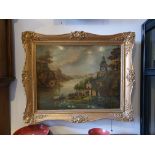 Beautiful French Painting with Clock & Music Box ca. 1870