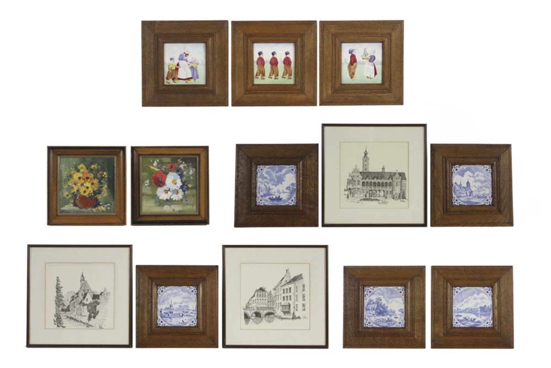 lot with Dutch ceramic tiles, three drawings and two small oil on panel || Lot met Nederlandse