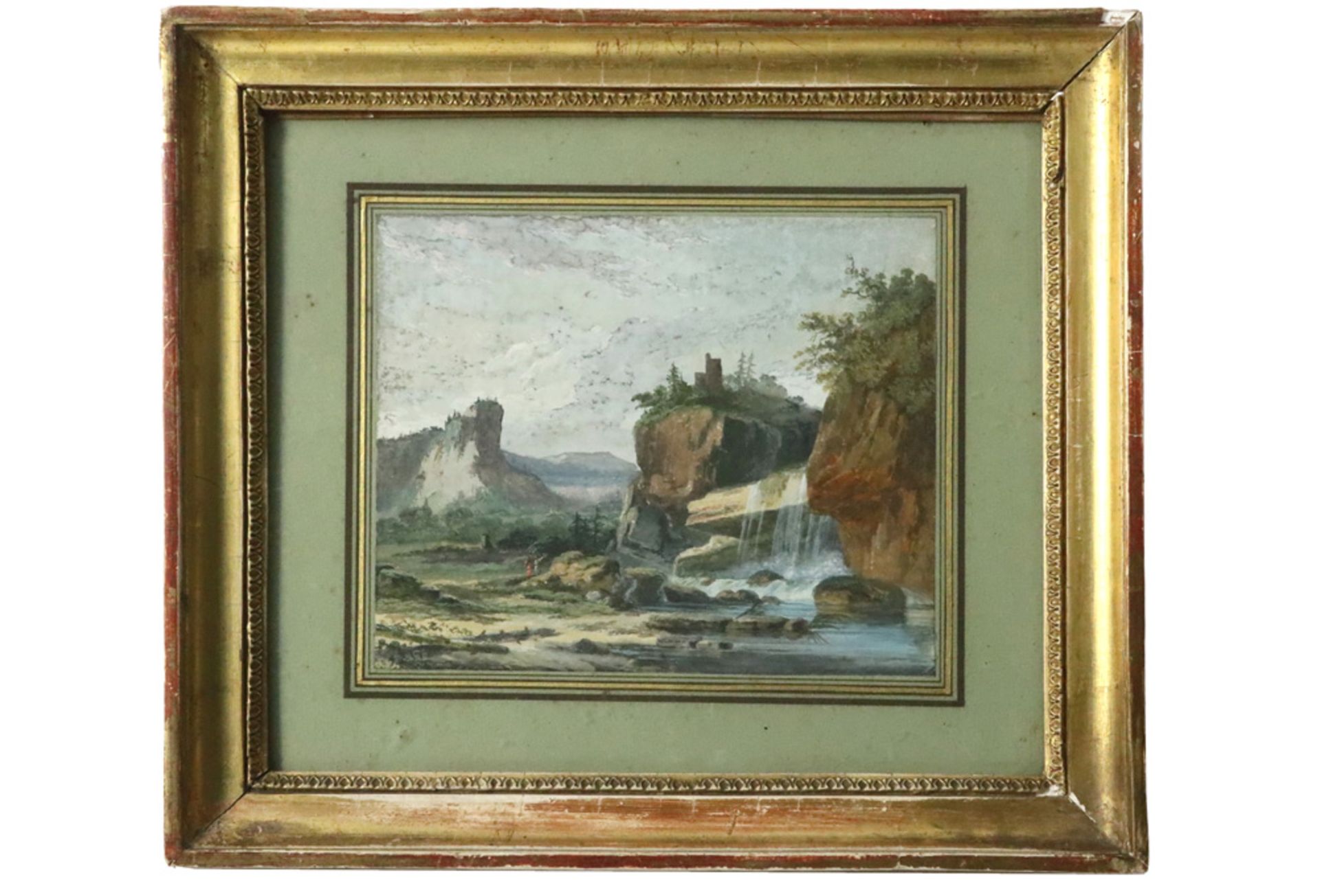 18th Cent. Italian "Animated landscape with figures near a waterfall" gouache || ITALIË - 18° EEUW - Bild 2 aus 2