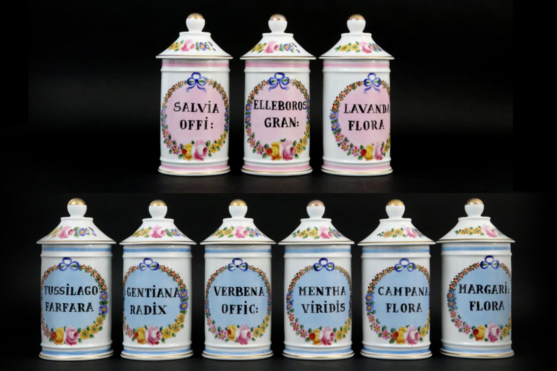 set of nine French pharmaceutical jars in marked porcelain with painted decors || Reeks van negen