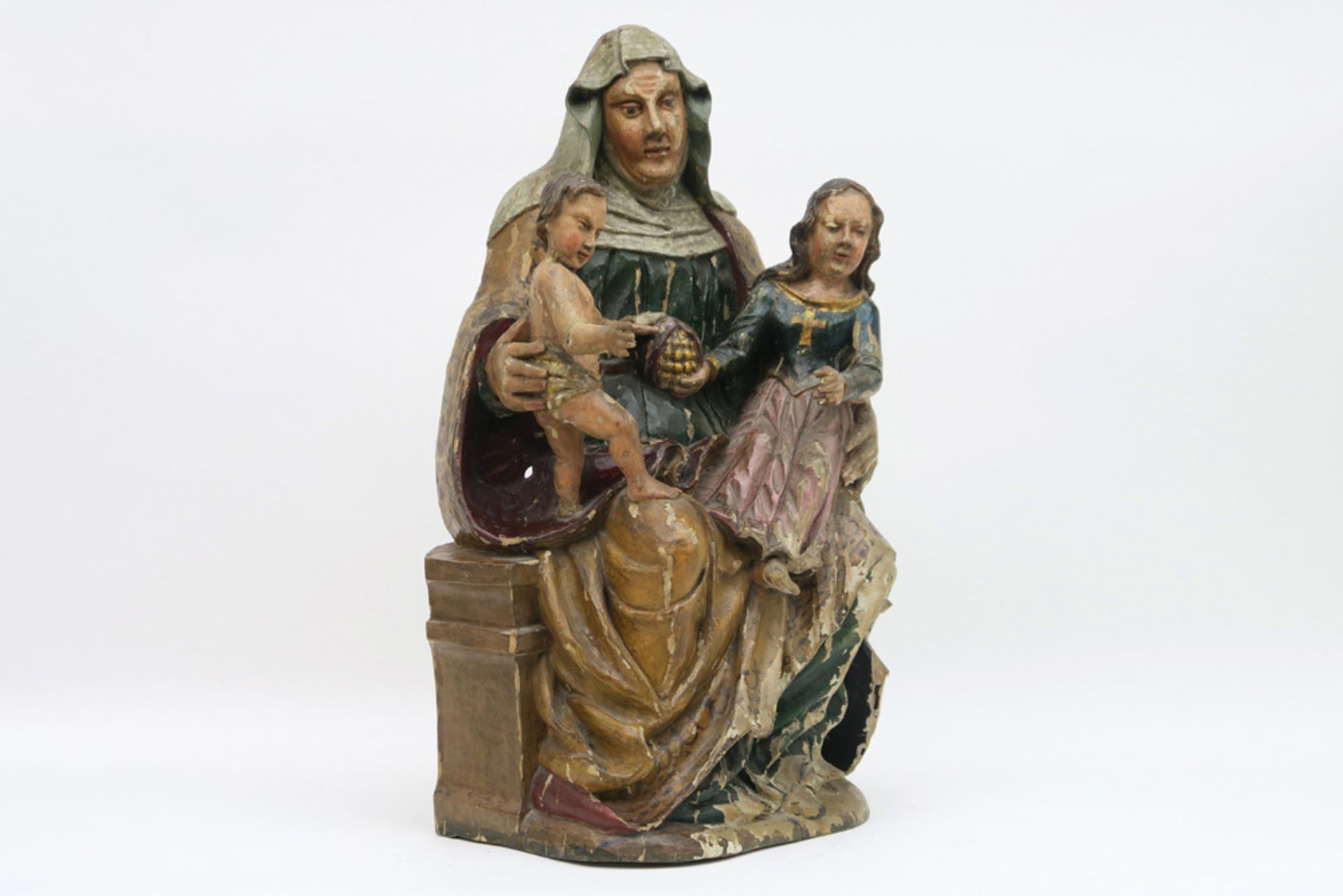 16th Cent. European gothic style "Saint Anna with Mary and child" sculpture in polychromed wood || - Image 2 of 5