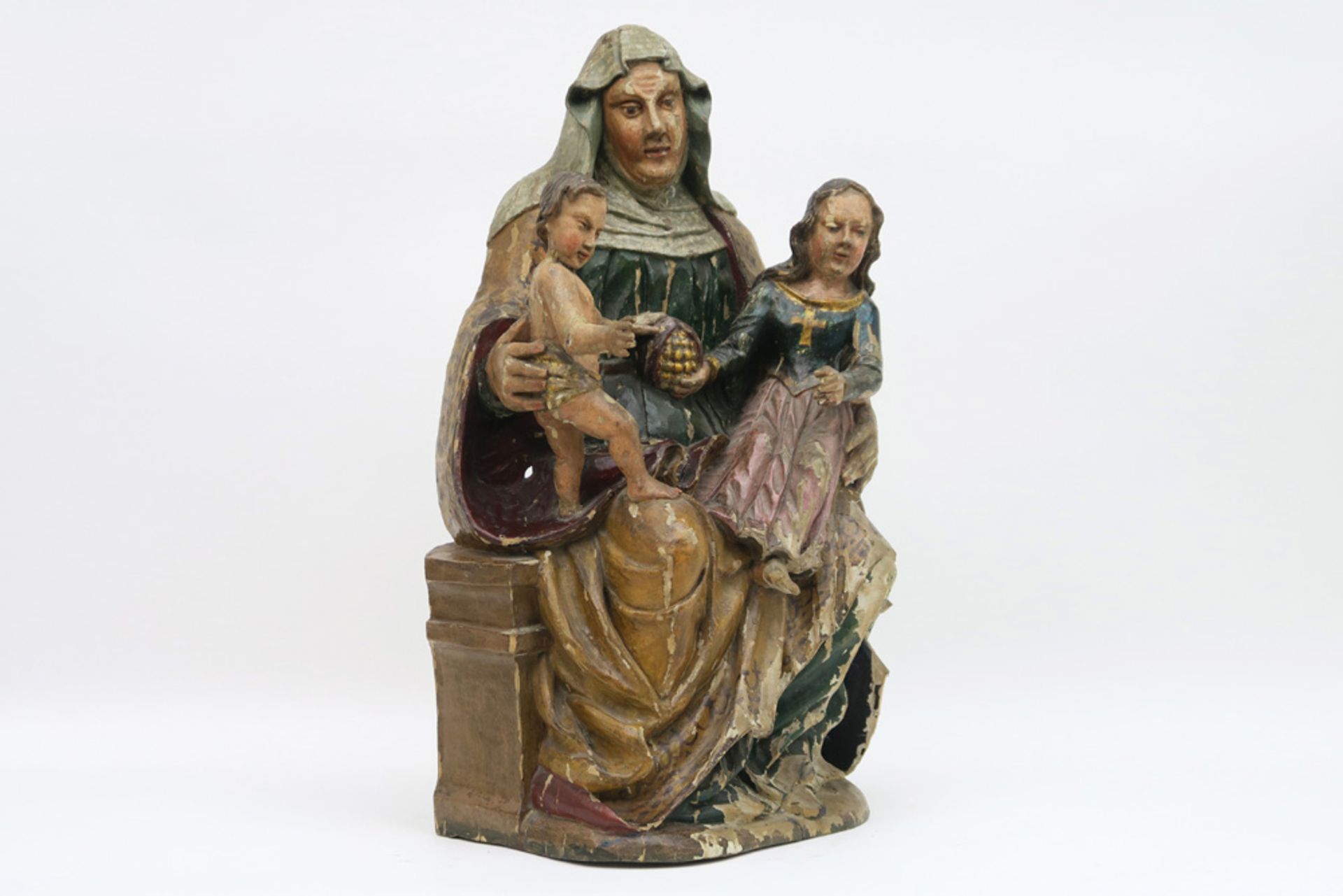 16th Cent. European gothic style "Saint Anna with Mary and child" sculpture in polychromed wood || - Bild 2 aus 5