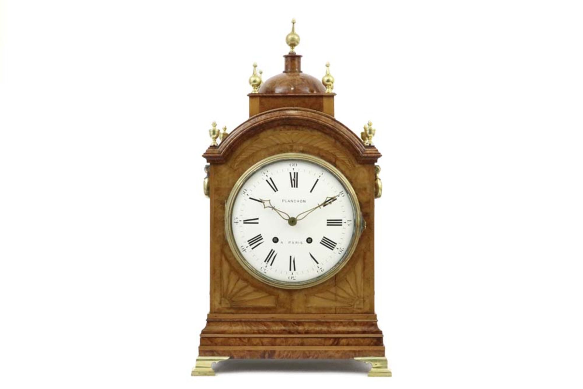 antique table clock with its case in burr of walnut with bronze pinnacles and grips - with a "Japy