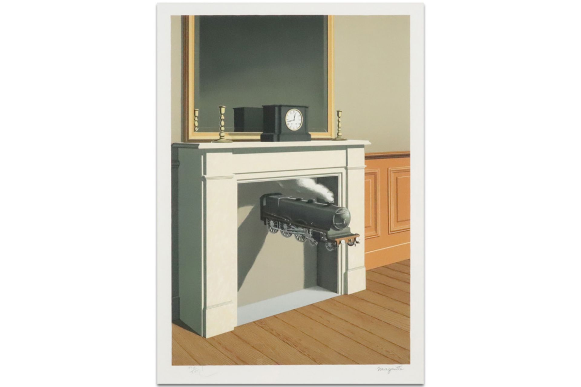 lithograph printed in colors after René Magritte's "La durée poignardée" - signed in the print and