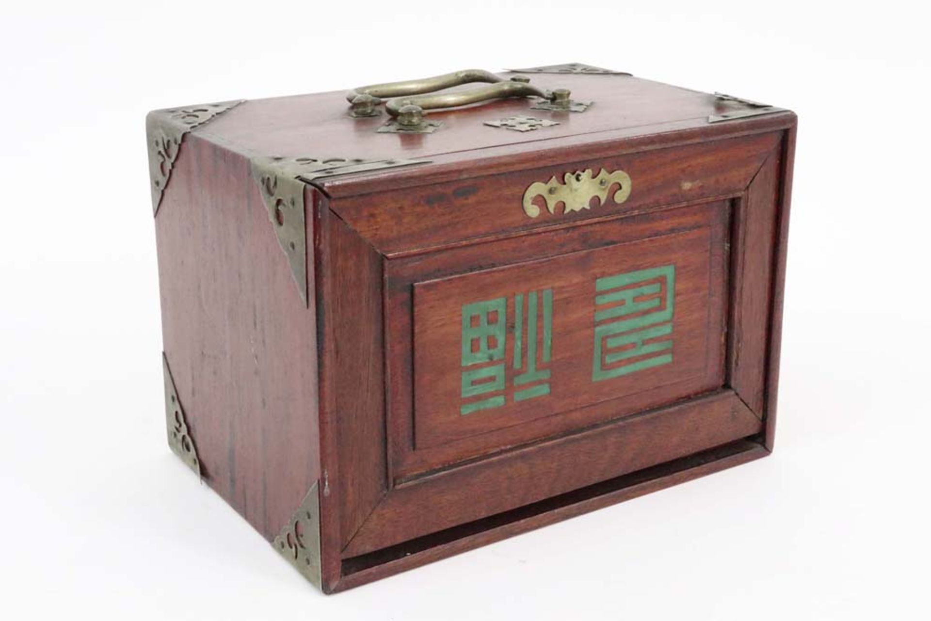 'antique' Chinese mahjong game with pieces partially in ivory in its box with drawers and with brass