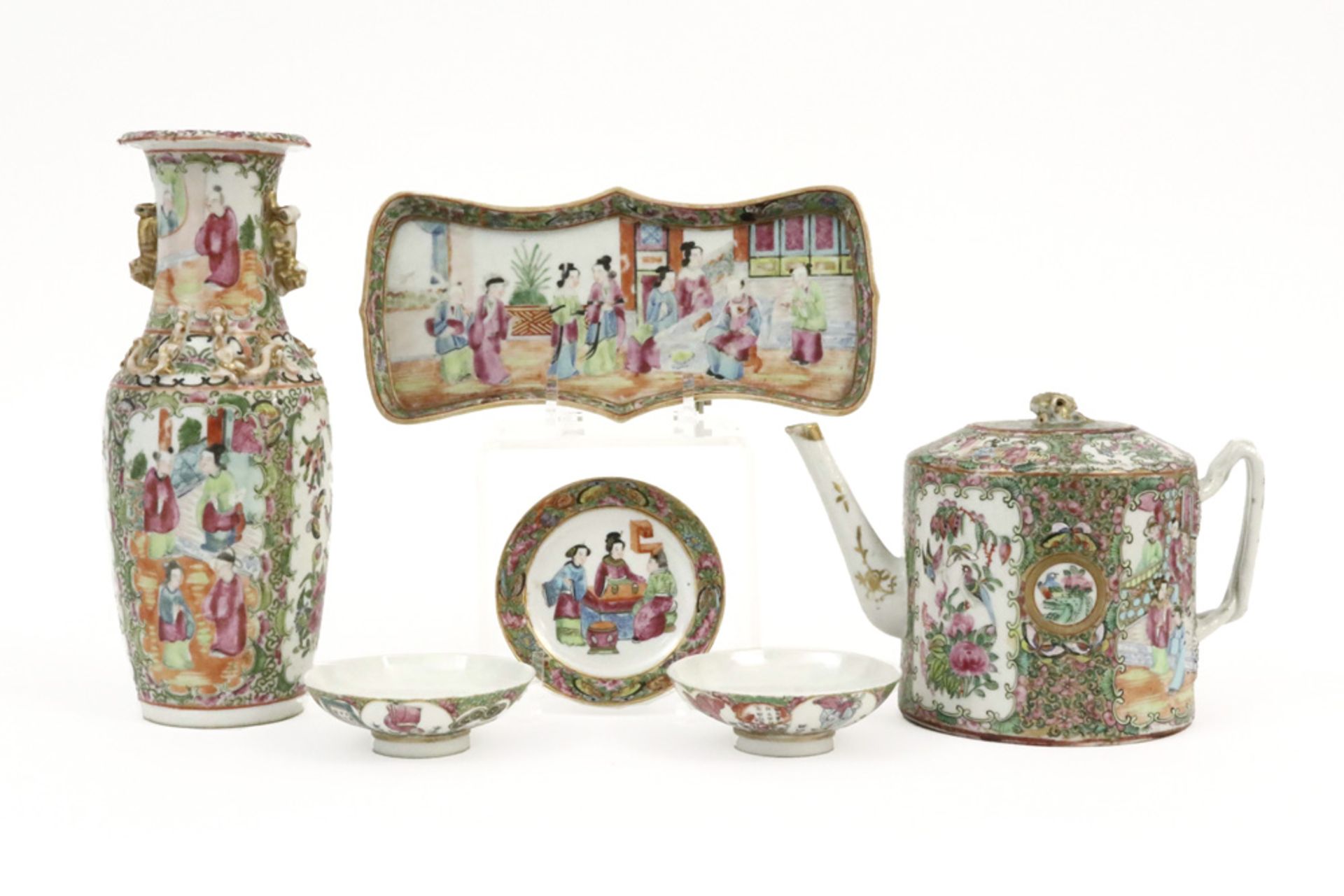 six antique Chinese porcelain items with Cantonese decor, amongst which two small marked dishes with
