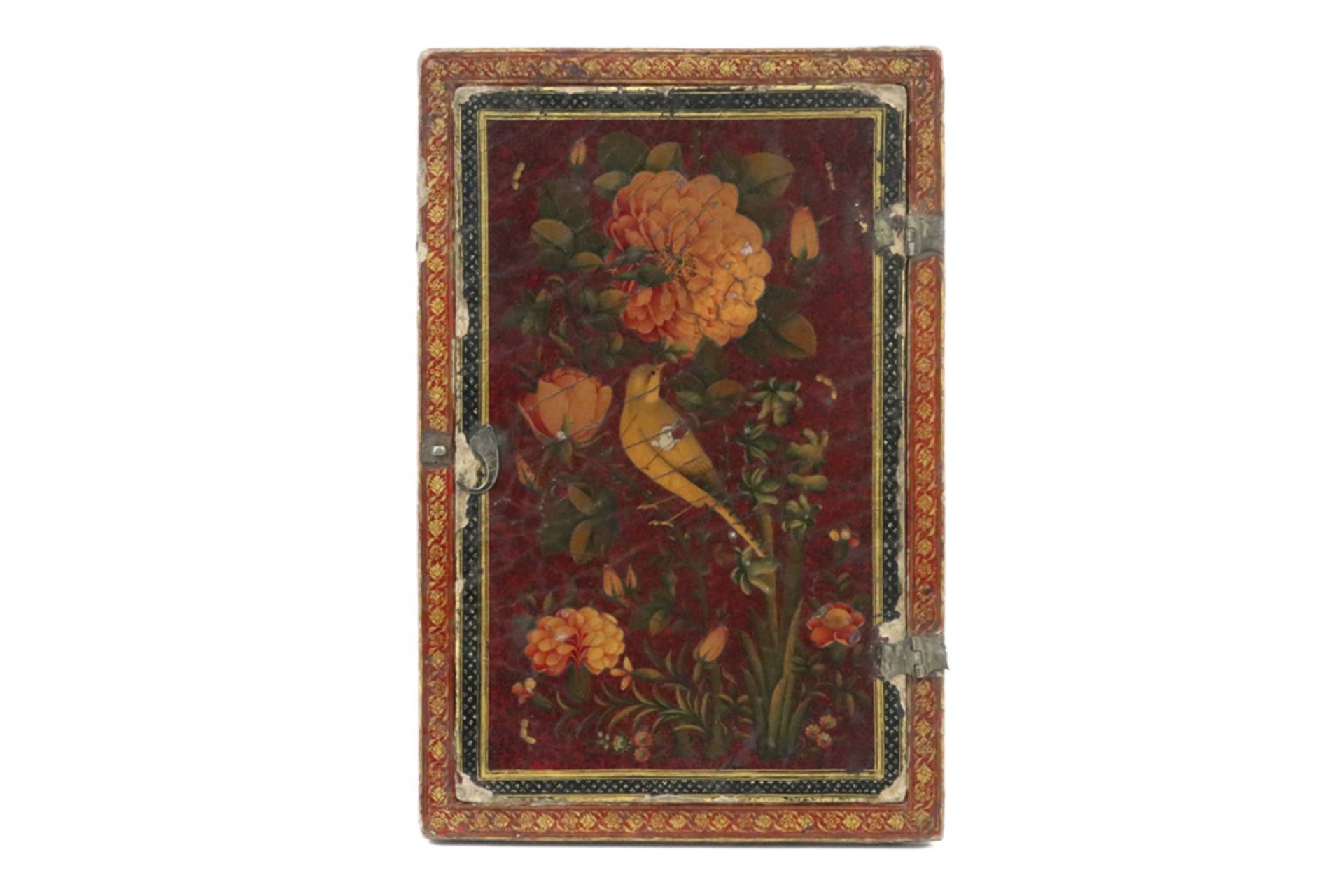 19th Cent. Persian Qajari case with a finely painted decor with birds and flowers and with a door