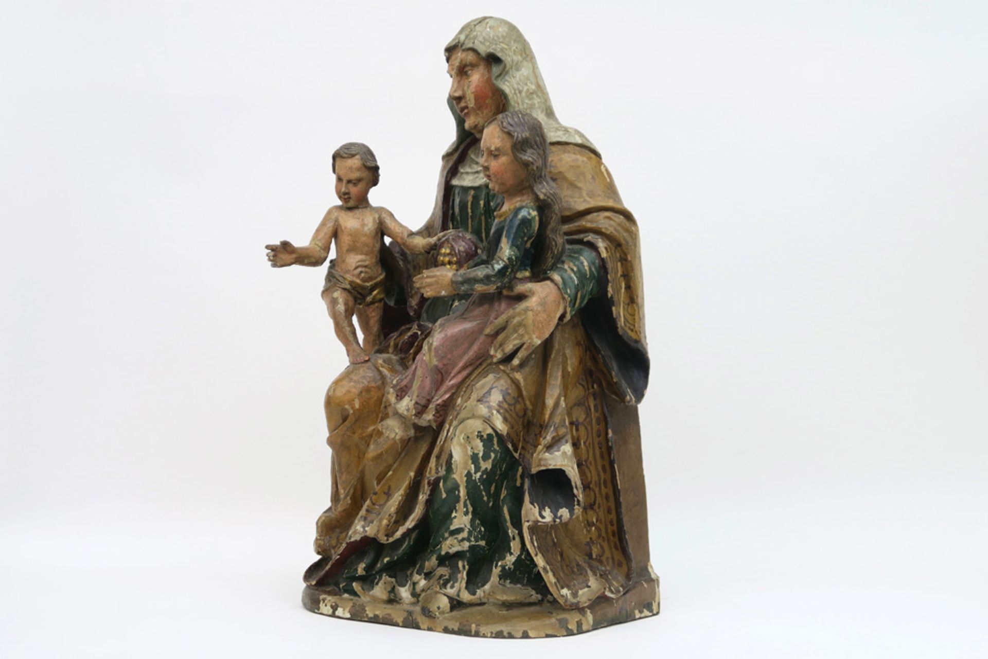 16th Cent. European gothic style "Saint Anna with Mary and child" sculpture in polychromed wood || - Bild 3 aus 5