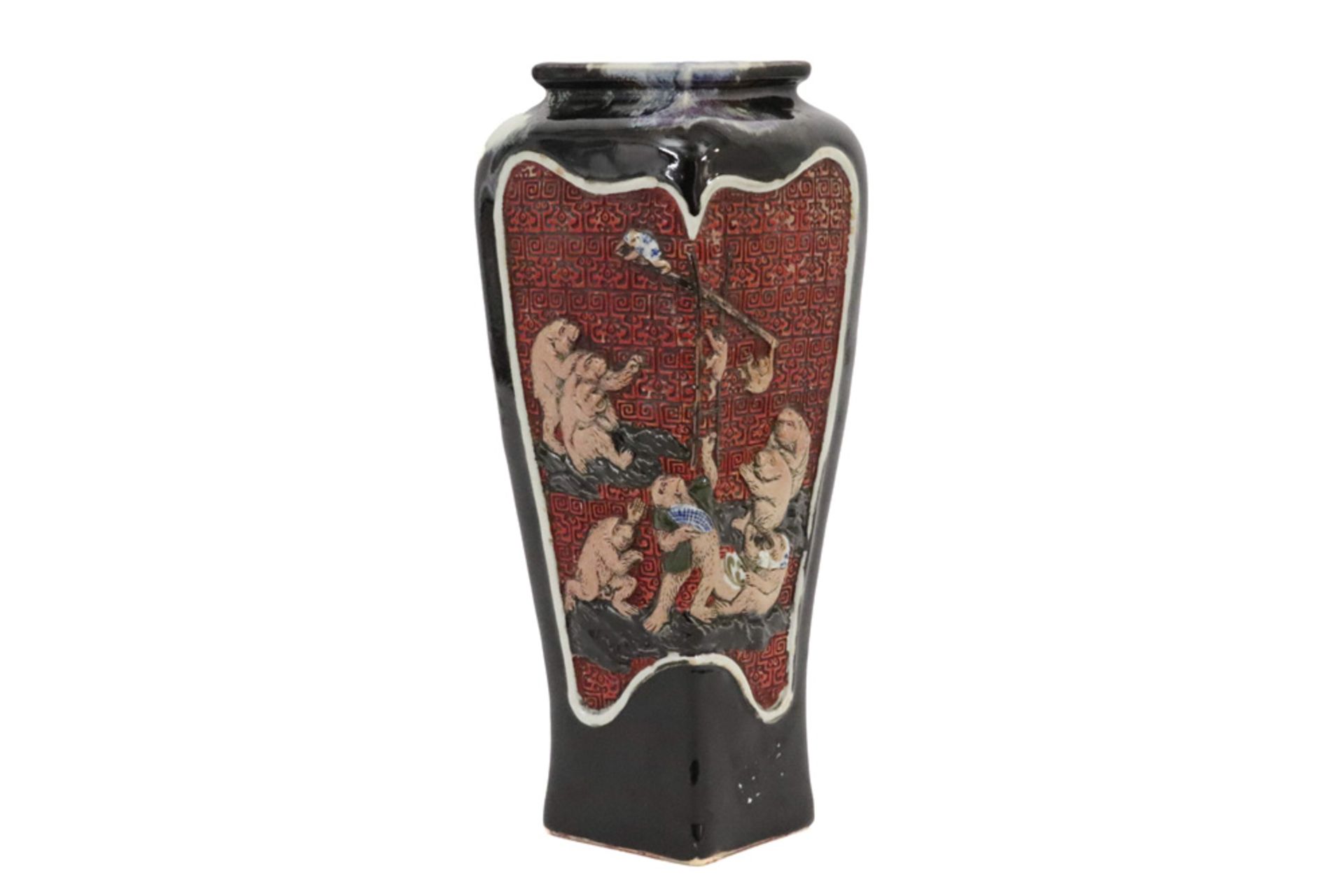 antique Japanese Sumida Gawa ceramic vase with a landscape decor with the Fuji volcano and