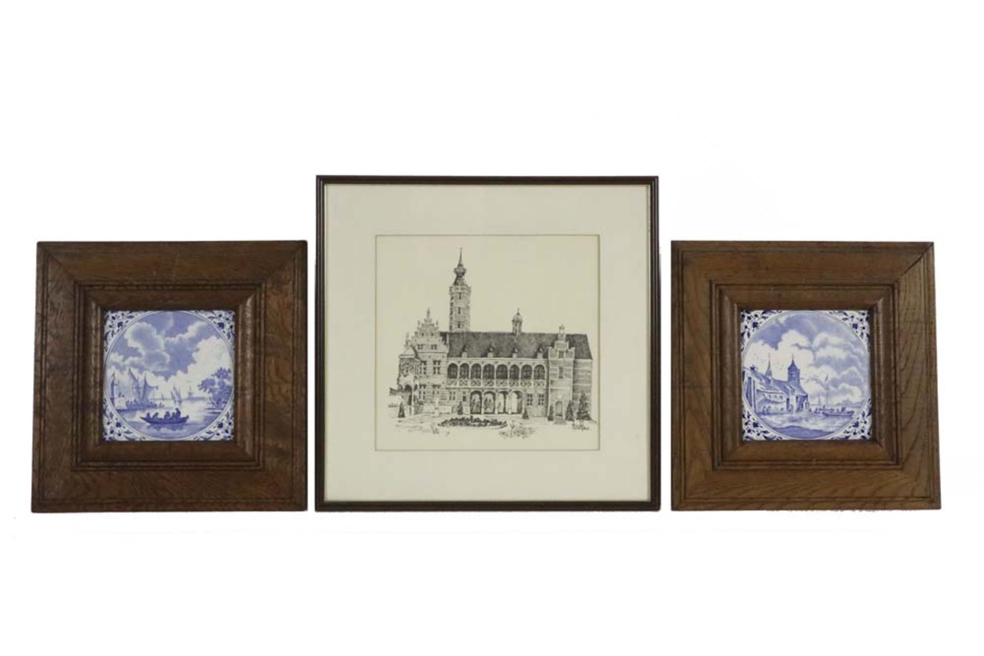 lot with Dutch ceramic tiles, three drawings and two small oil on panel || Lot met Nederlandse - Image 5 of 6