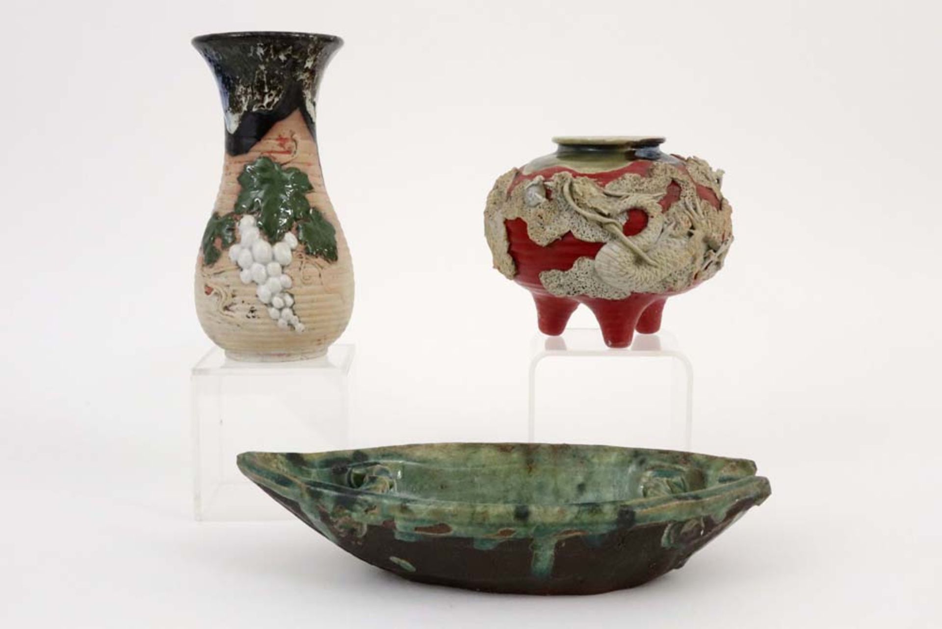 three antique Japanese Sumida Gawa ceramic items : an incense burner, a boatshaped dish and a