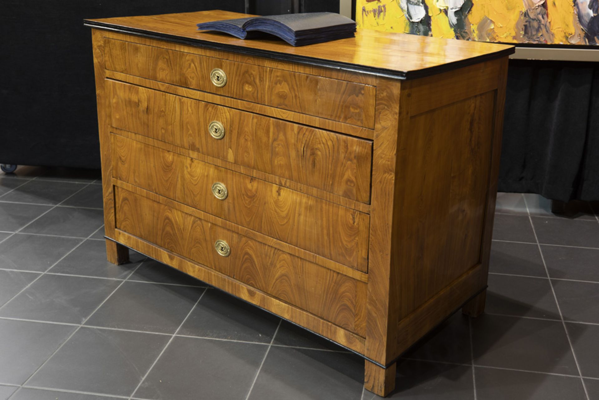 19th Cent. Biedermeier neoclassical style chest of drawers in a blond ashwood with ebonised