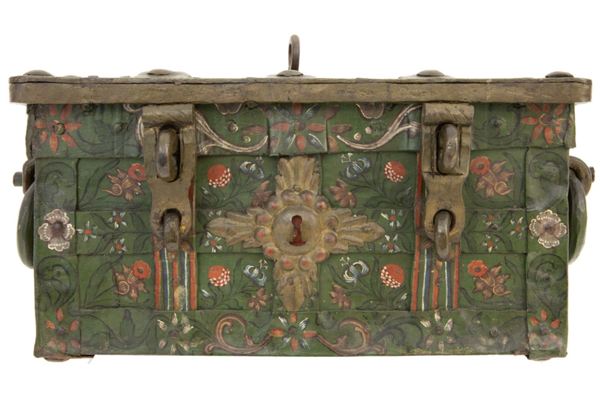 because of the small size rare 17th Cent. money chest/box in iron with its original well preserved - Image 3 of 7