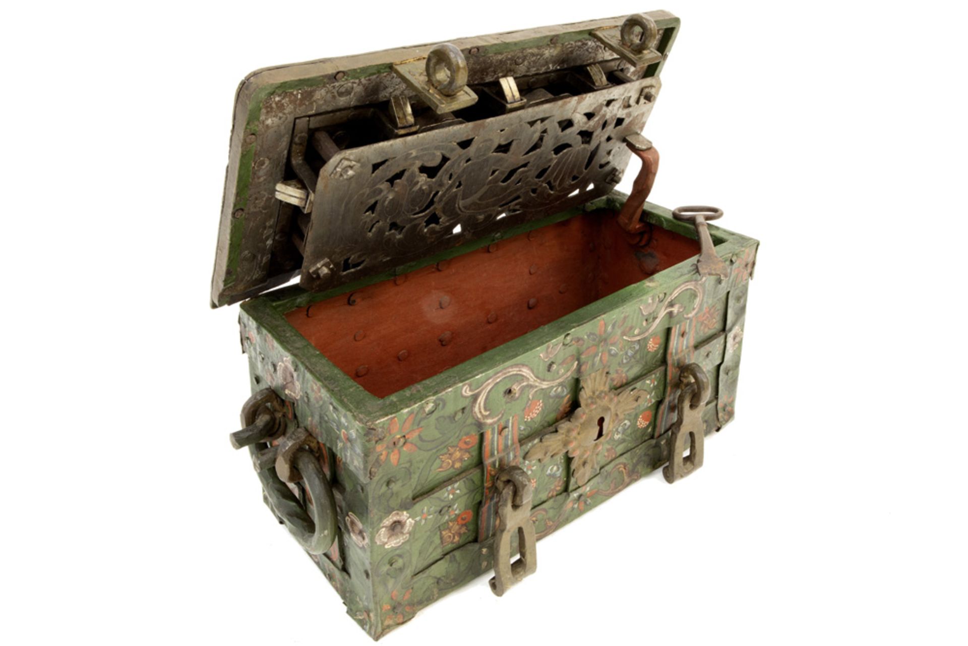 because of the small size rare 17th Cent. money chest/box in iron with its original well preserved - Image 4 of 7