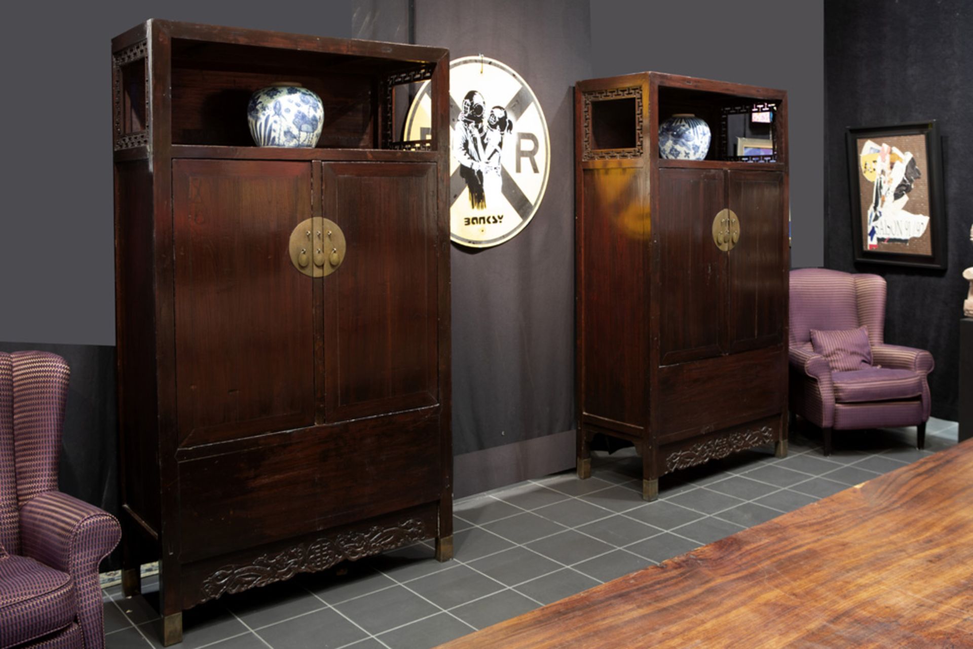 pair of antique Chinese Qing period cabinets with two doors and an open compartment || CHINA -