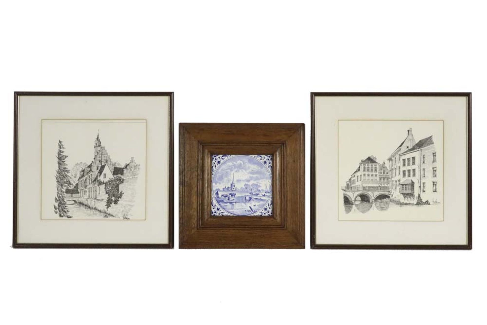lot with Dutch ceramic tiles, three drawings and two small oil on panel || Lot met Nederlandse - Image 4 of 6