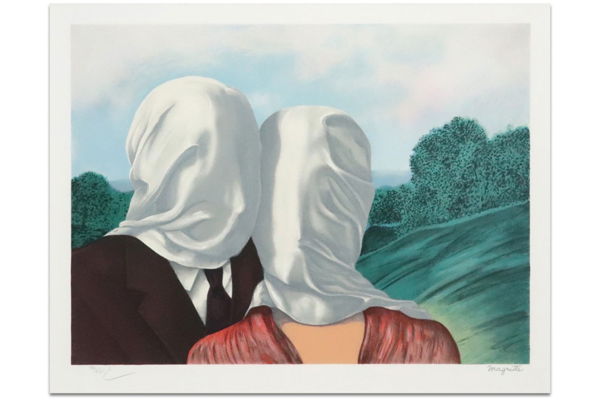 lithograph printed in colors after René Magritte's "Les amants (dd 1928)" - signed in the print