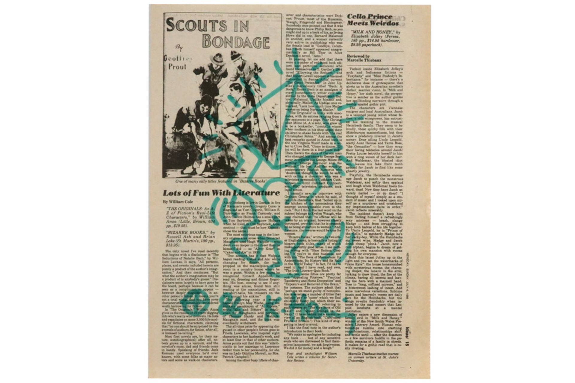 Keith Haring drawing in green feltpen on a newspaper (edition of "Newsday" dd Sunday, July 6,