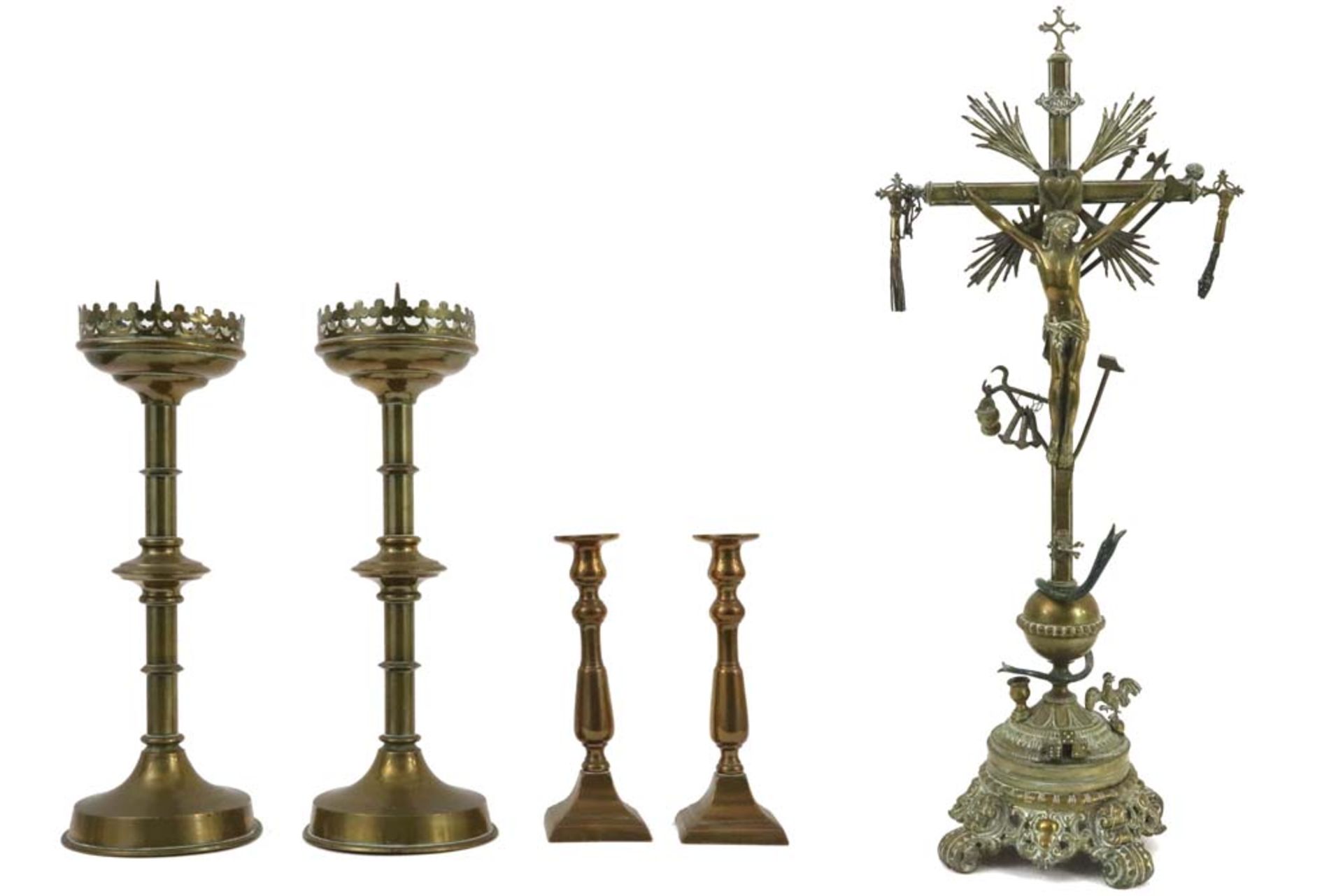 pair of antique gothic revival style candlesticks, a pair of 19th Cent. candlesticks and an