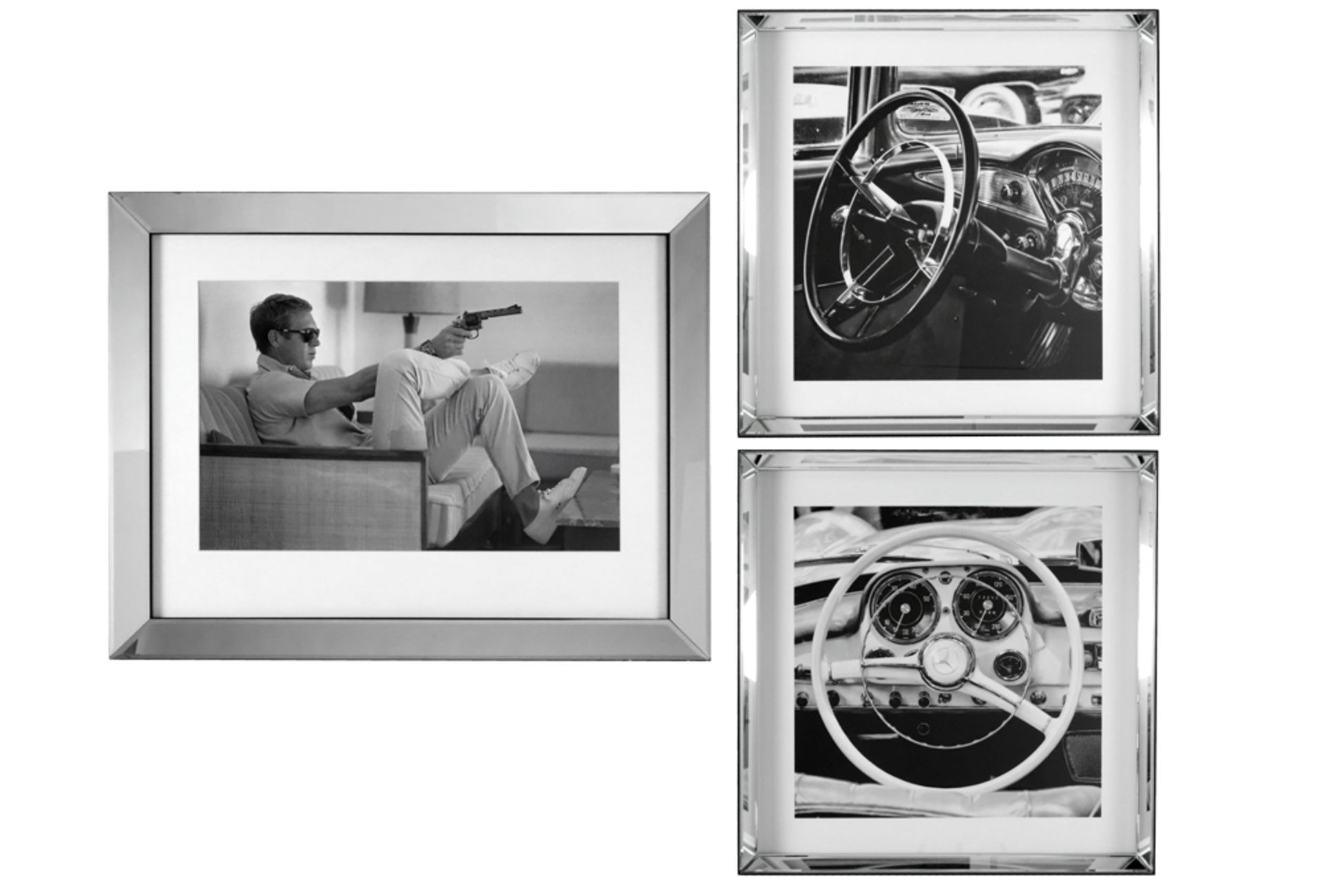 three vintage black and white photos in mirror glass frames || Lot van drie vintage foto's in
