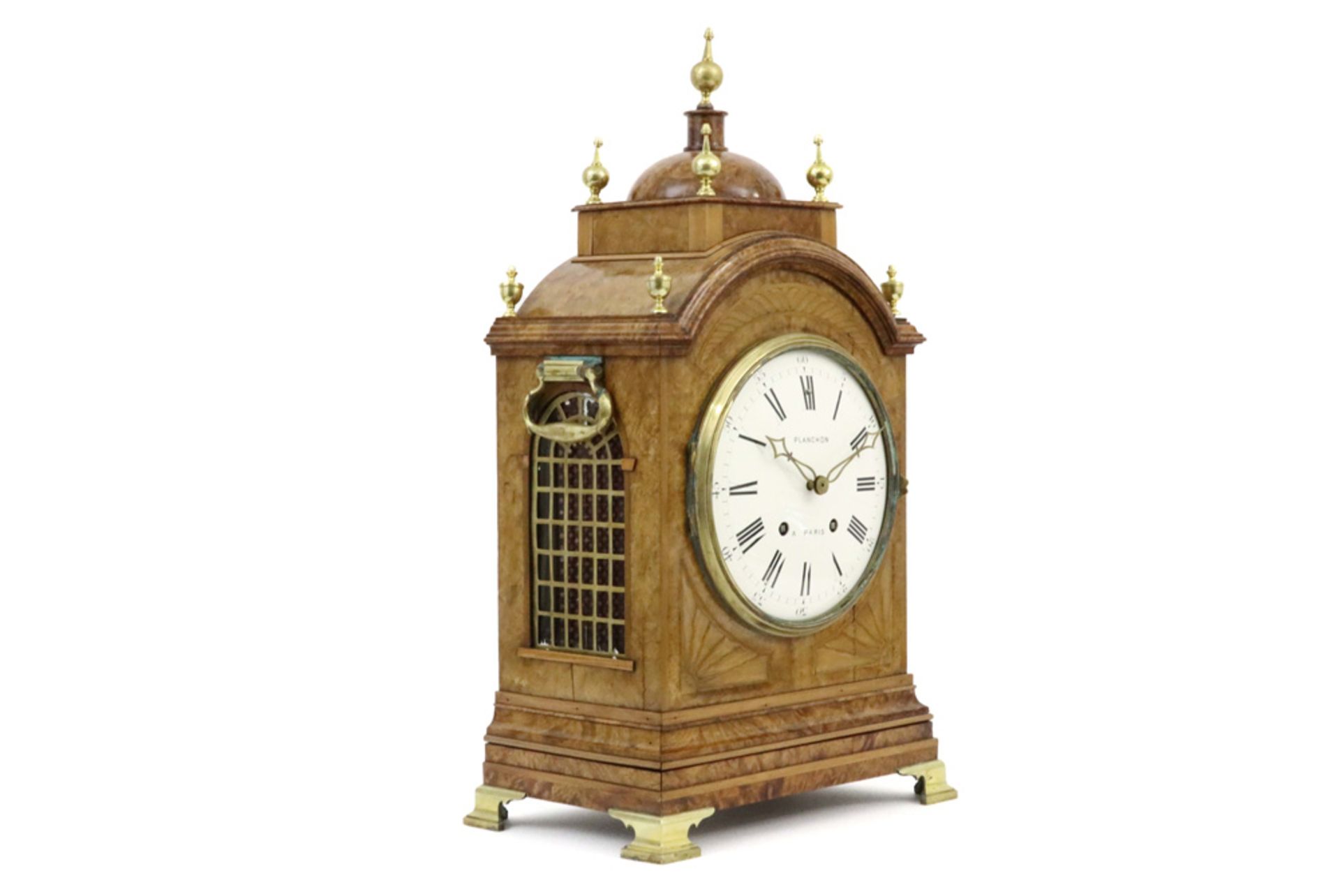 antique table clock with its case in burr of walnut with bronze pinnacles and grips - with a "Japy - Image 2 of 6