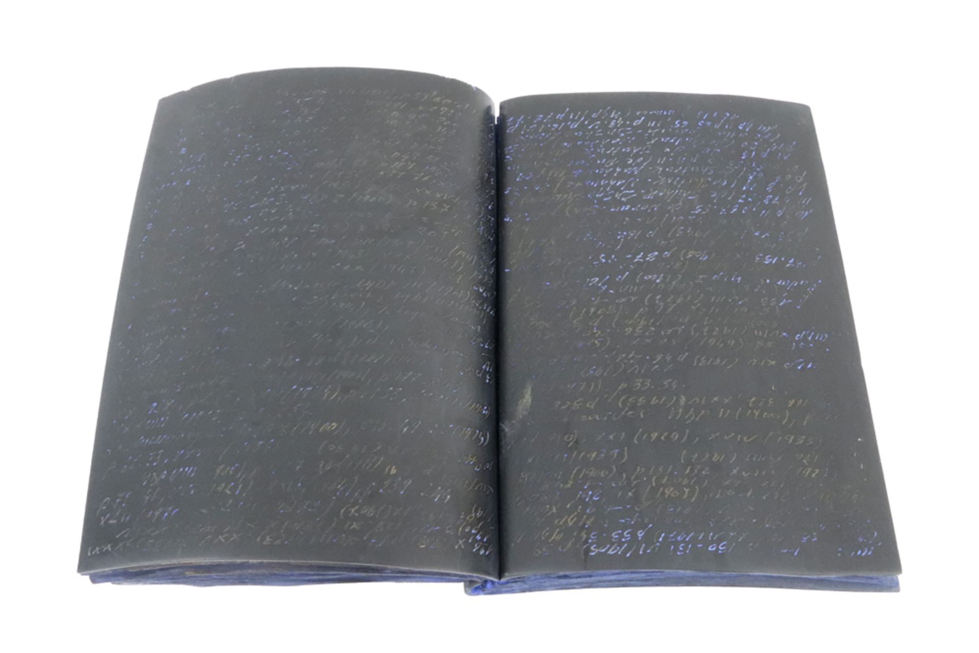 21st Cent. slate sculpture in the shape of a book with carved scripture - signed Crèpy and dated (