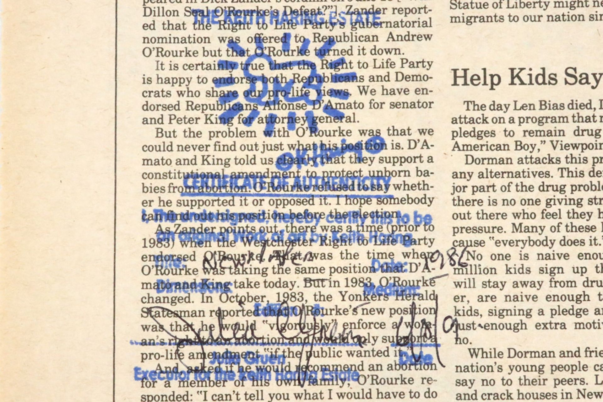 Keith Haring drawing in green feltpen on a newspaper (edition of "Newsday" dd Sunday, July 6, - Image 4 of 8