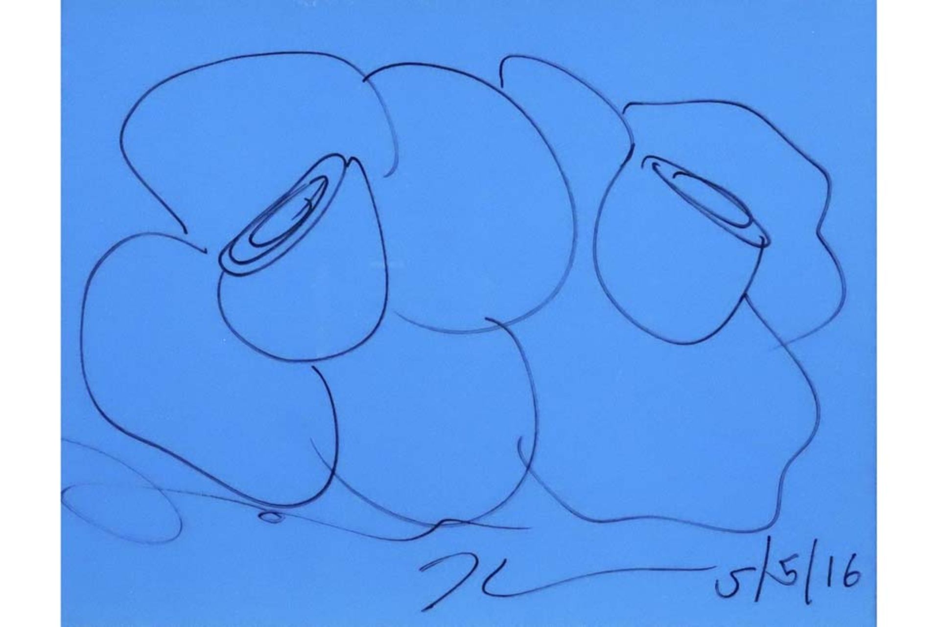 Jeff Koons signed "Flowers" drawing in felt-tip pen on blue paper || KOONS JEFF (°1955) tekening