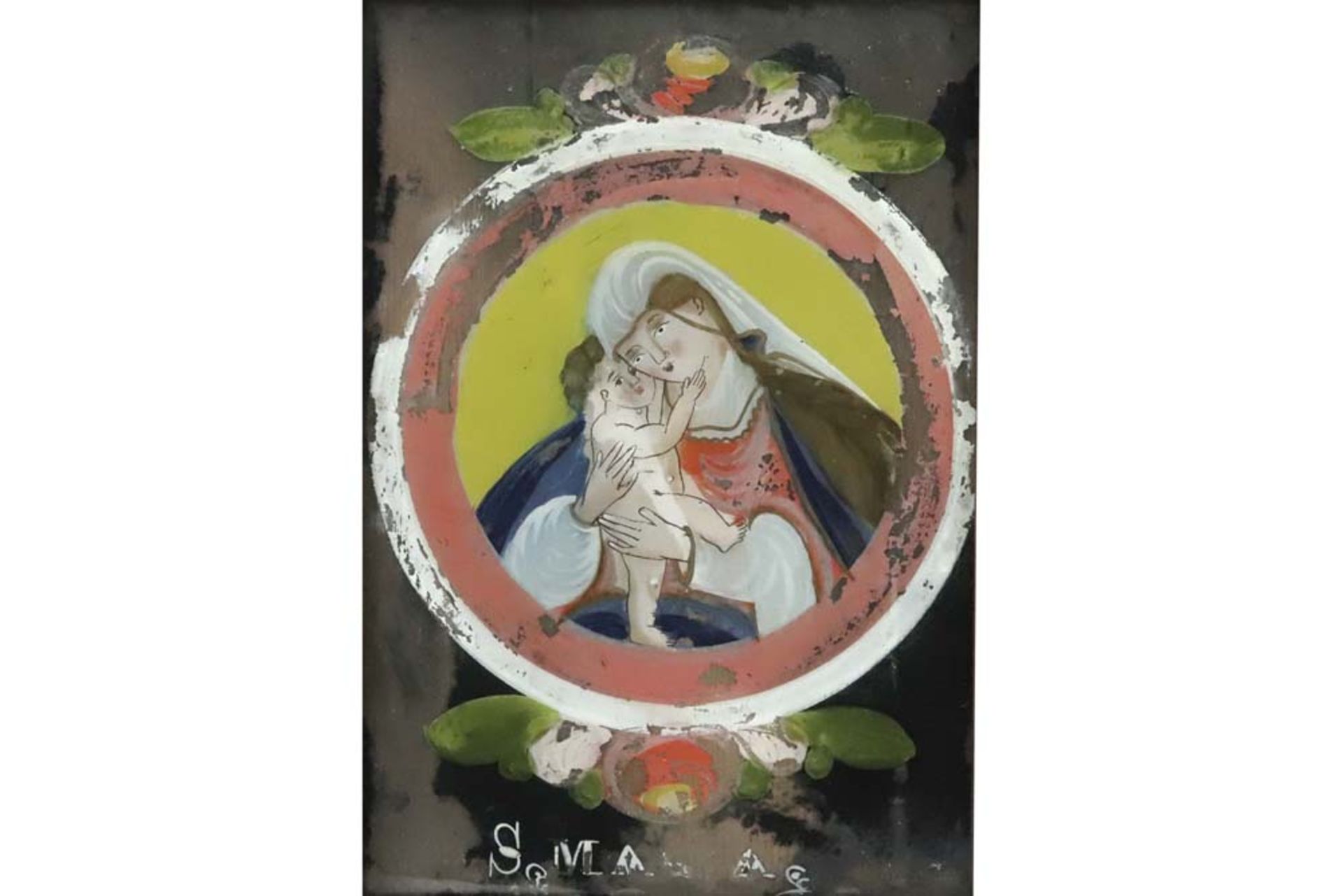 18th Cent. "Holy Mary and Child" painting (behind glass) || Achttiende eeuwse