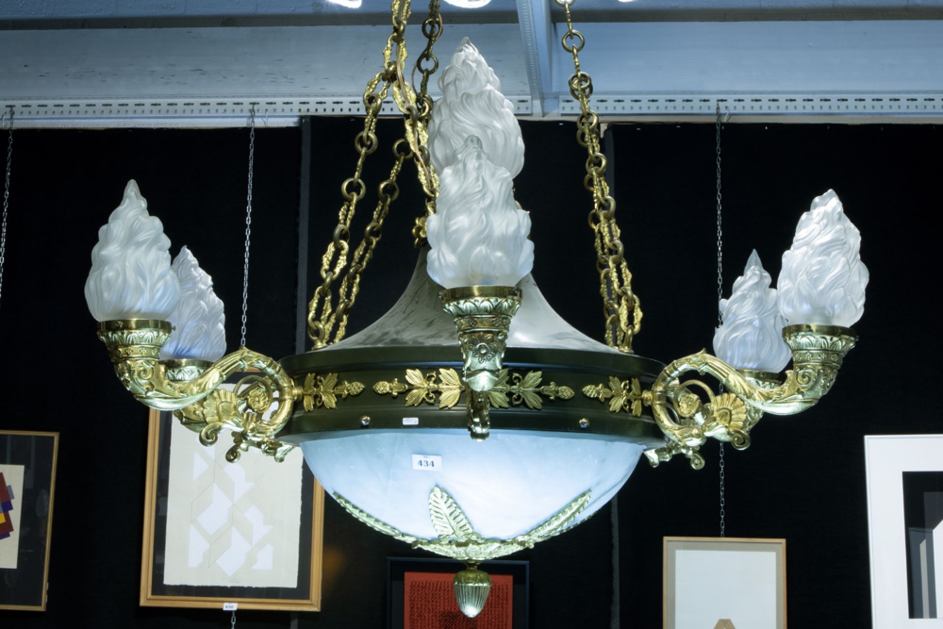 quite large 'antique' Empire style chandelier in partially gilded bronze with a quite big