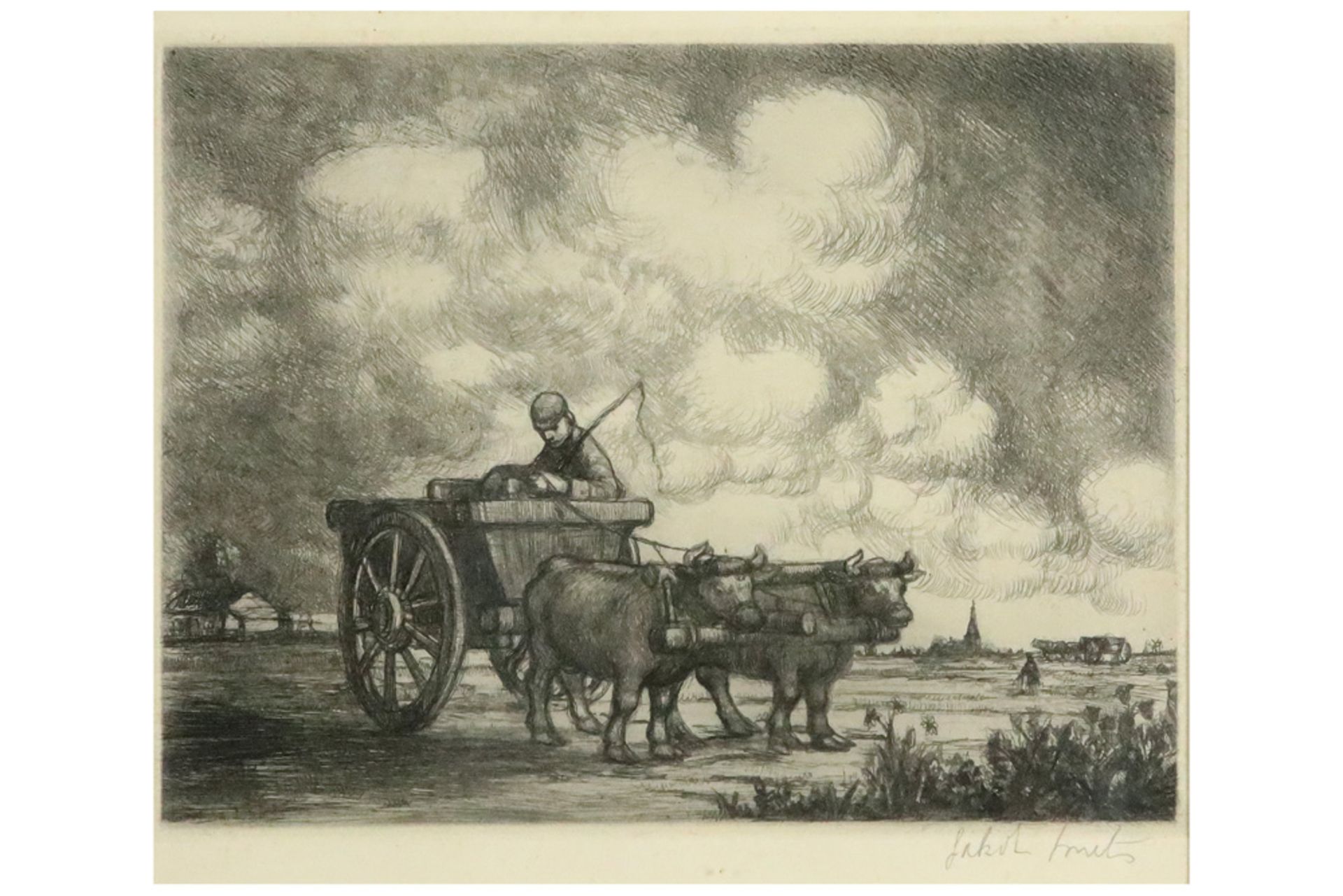 19th Cent. Belgian etching - signed Jakob Smits || SMITS JAKOB (1855/56 - 1928) ets : "Boer op