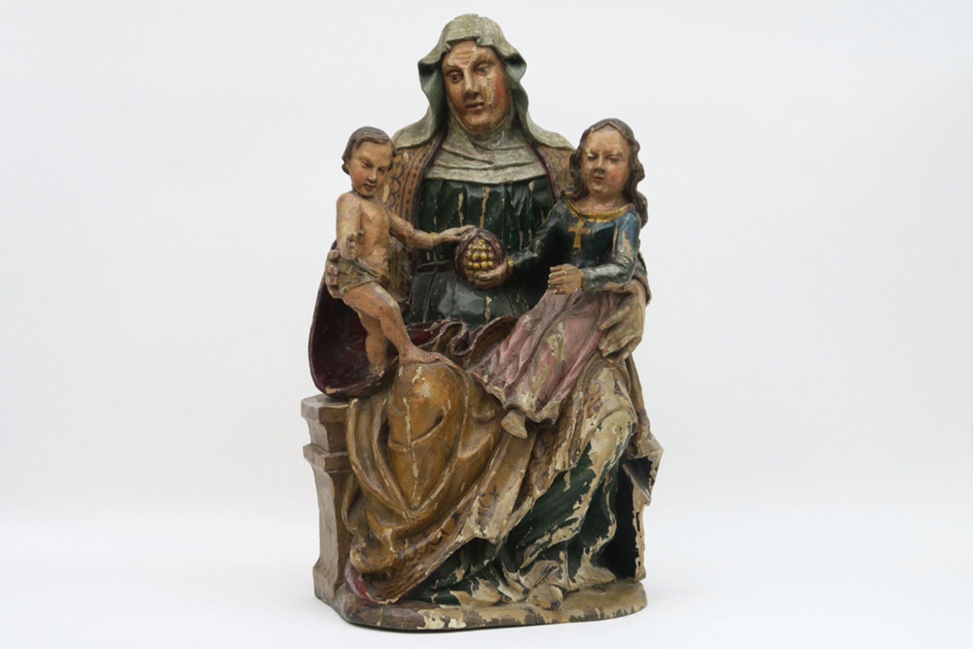 16th Cent. European gothic style "Saint Anna with Mary and child" sculpture in polychromed wood ||