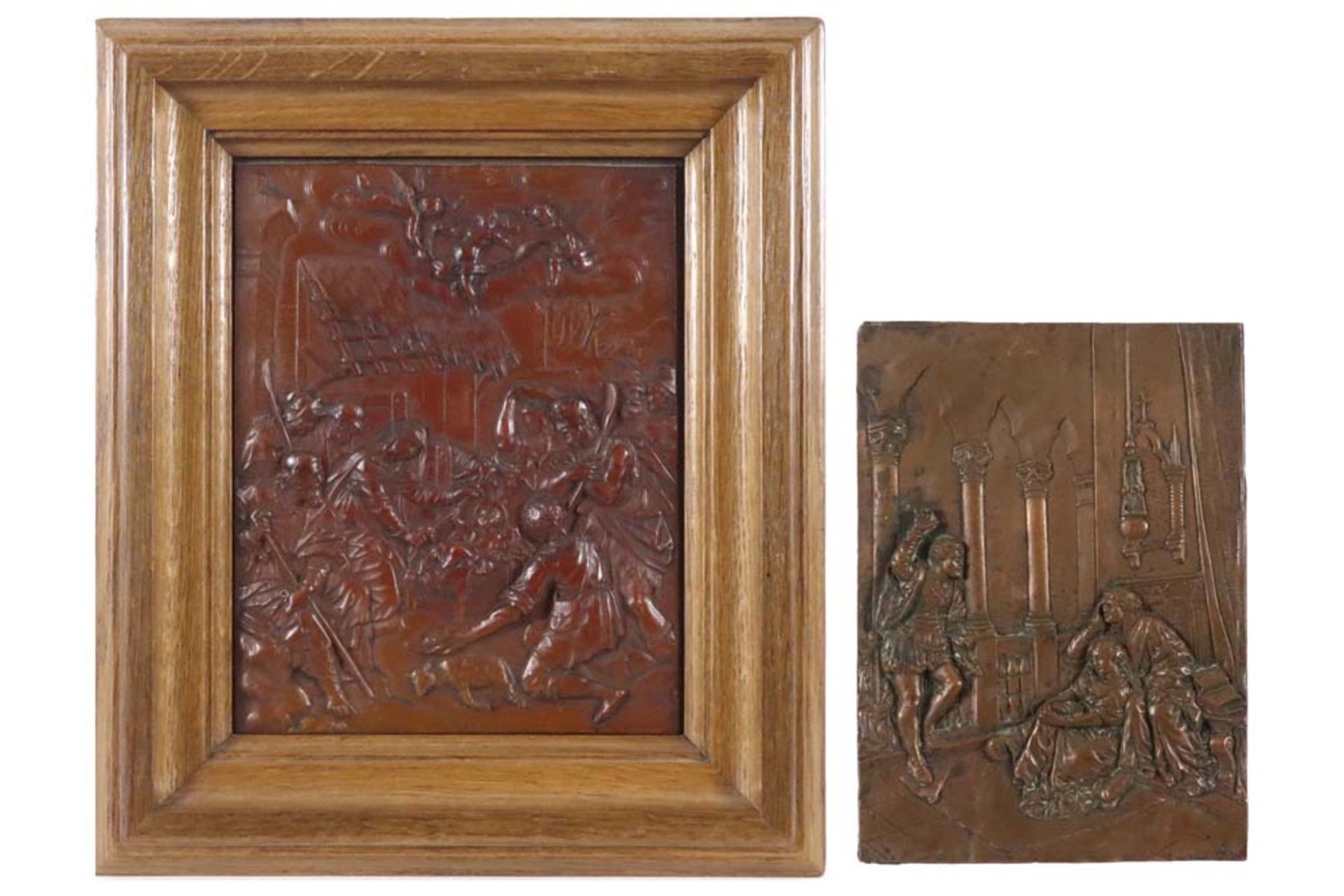 two antique bas reliefs , one in wax and one in brass || Lot van een antieke bas-reliëf in was (