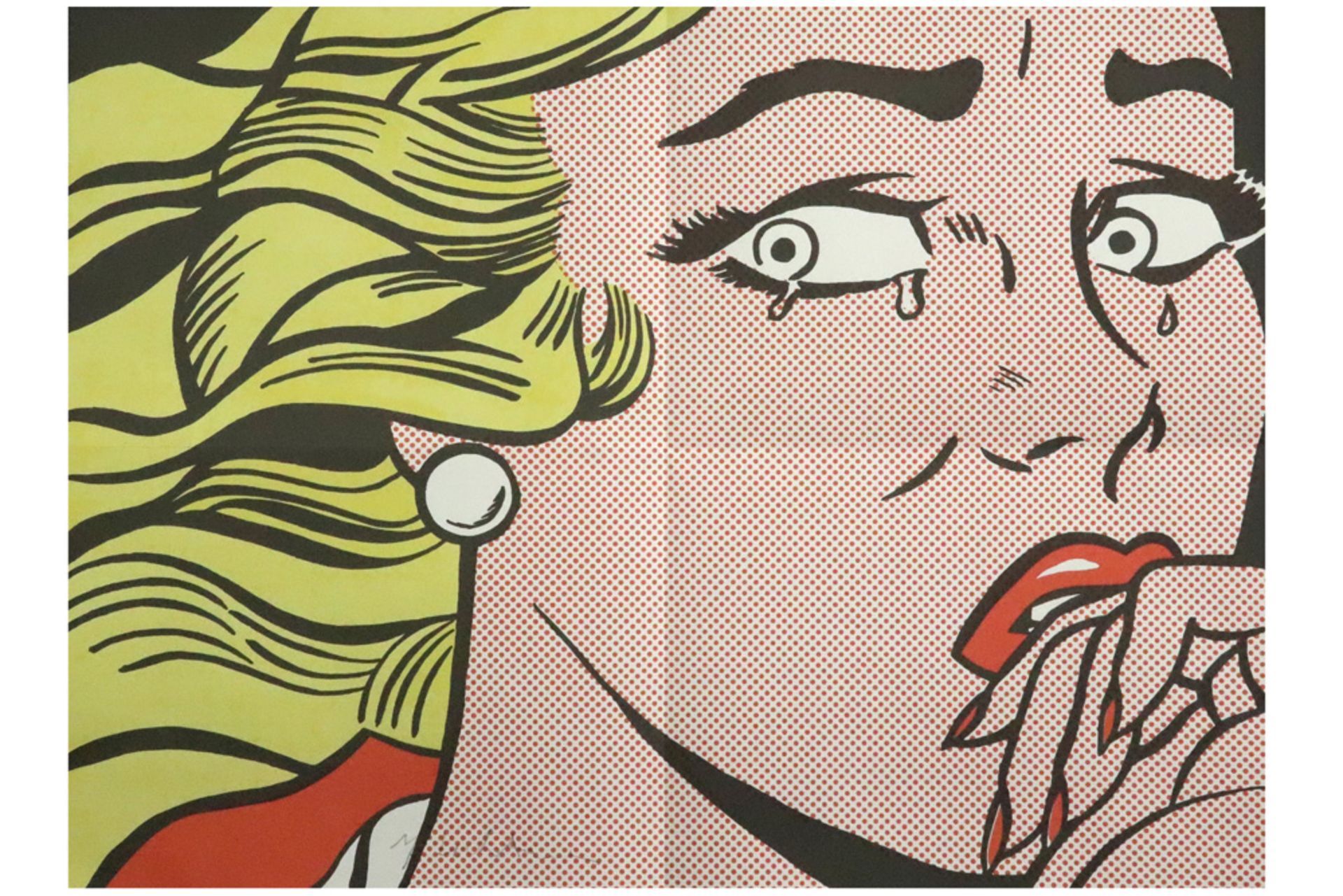 Roy Lichtenstein handsigned "Crying Girl" print in colors used as an invitation to the exhibition at